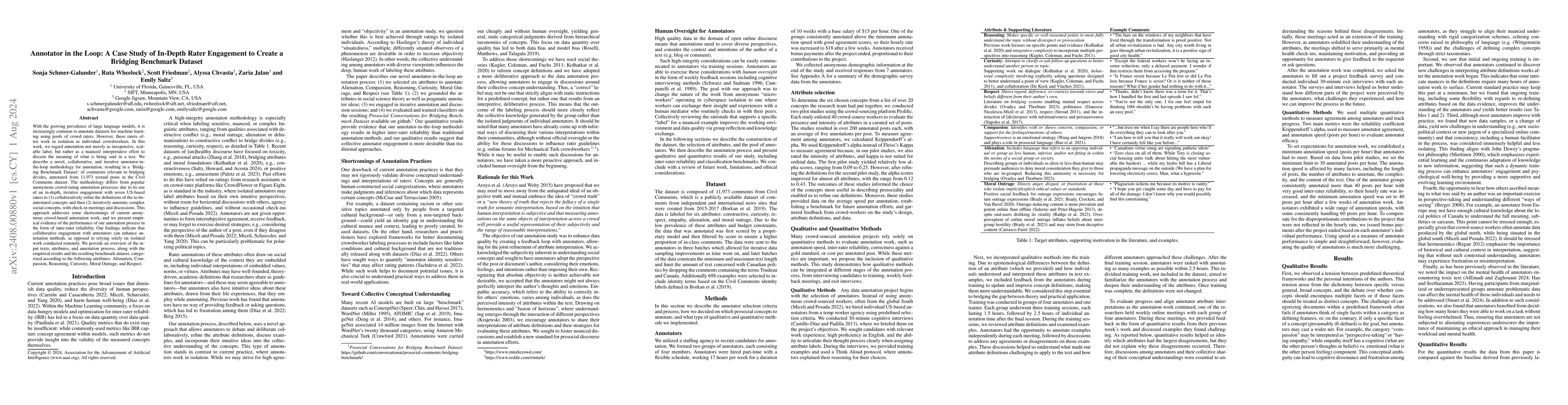Thumbnail for Annotator in the Loop: A Case Study of In-Depth Rater Engagement to
  Create a Bridging Benchmark Dataset