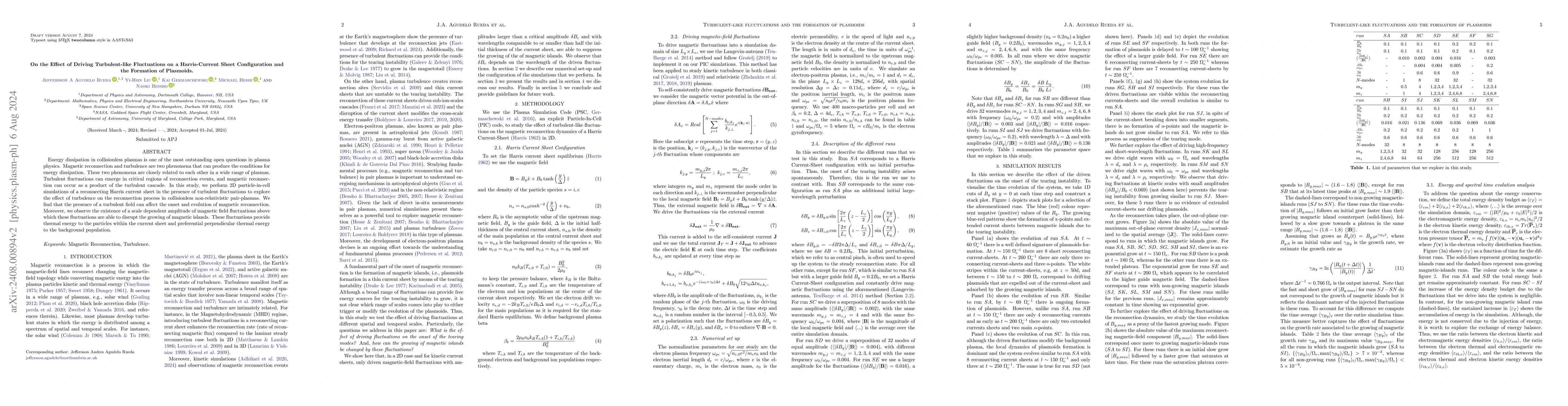Thumbnail for On the Effect of Driving Turbulent-like Fluctuations on a Harris-Current
  Sheet Configuration and the Formation of Plasmoids