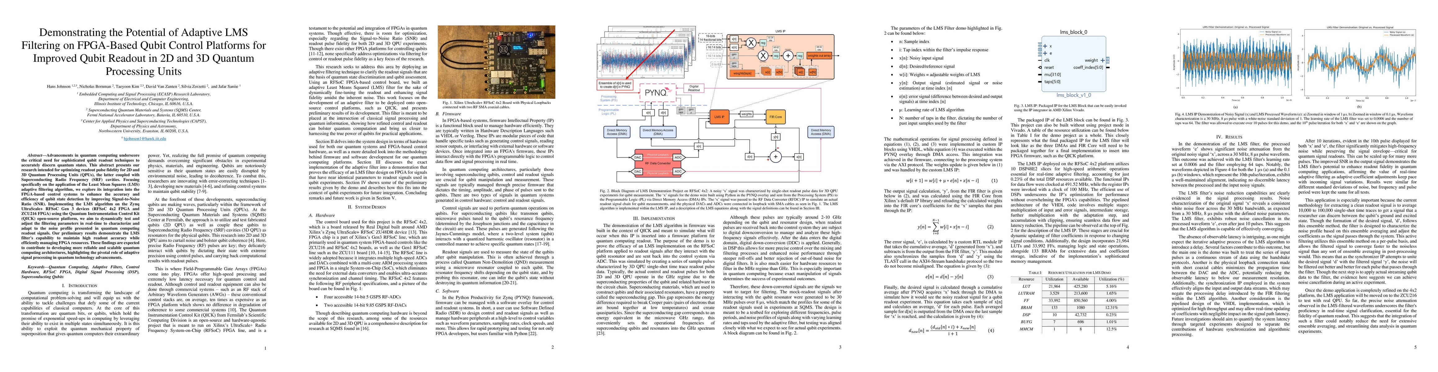 Thumbnail for Demonstrating the Potential of Adaptive LMS Filtering on FPGA-Based
  Qubit Control Platforms for Improved Qubit Readout in 2D and 3D Quantum
  Processing Units