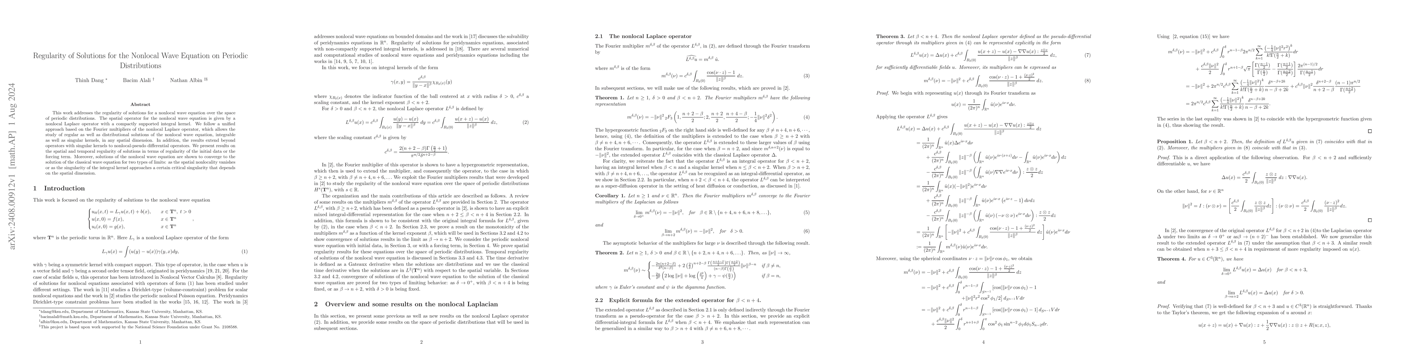Thumbnail for Regularity of Solutions for the Nonlocal Wave Equation on Periodic
  Distributions