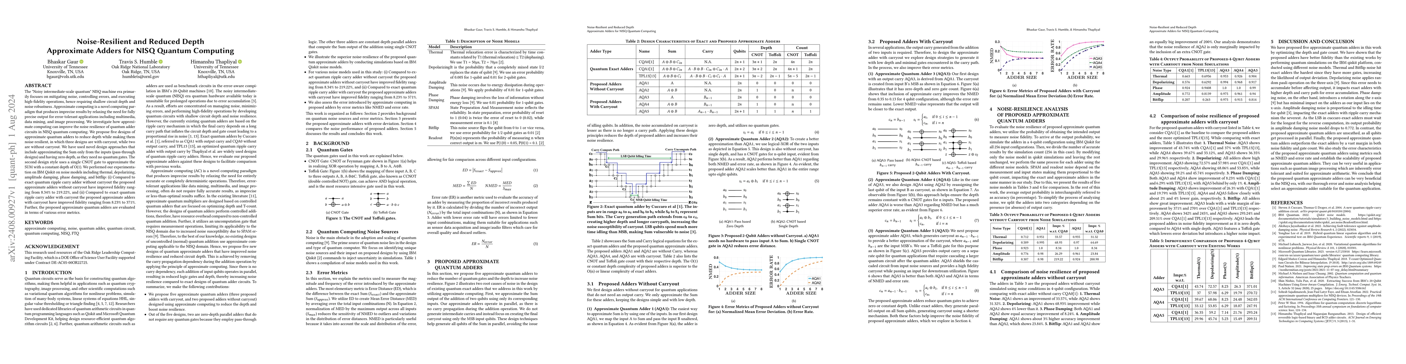 Thumbnail for Noise-Resilient and Reduced Depth Approximate Adders for NISQ Quantum
  Computing