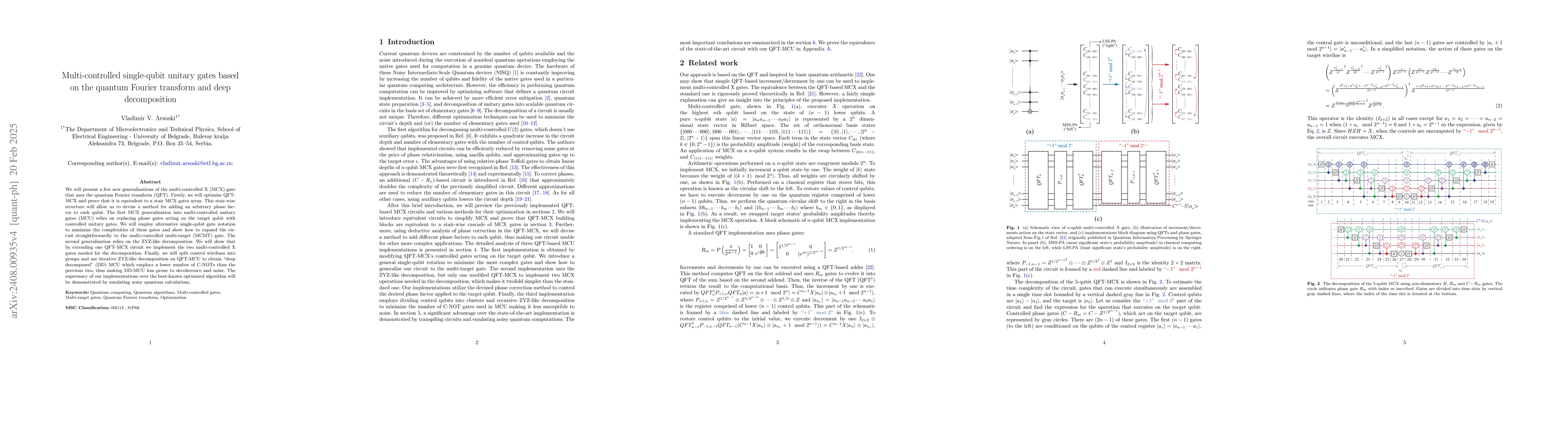Thumbnail for Multi-controlled single-qubit unitary gates based on the quantum Fourier
  transform