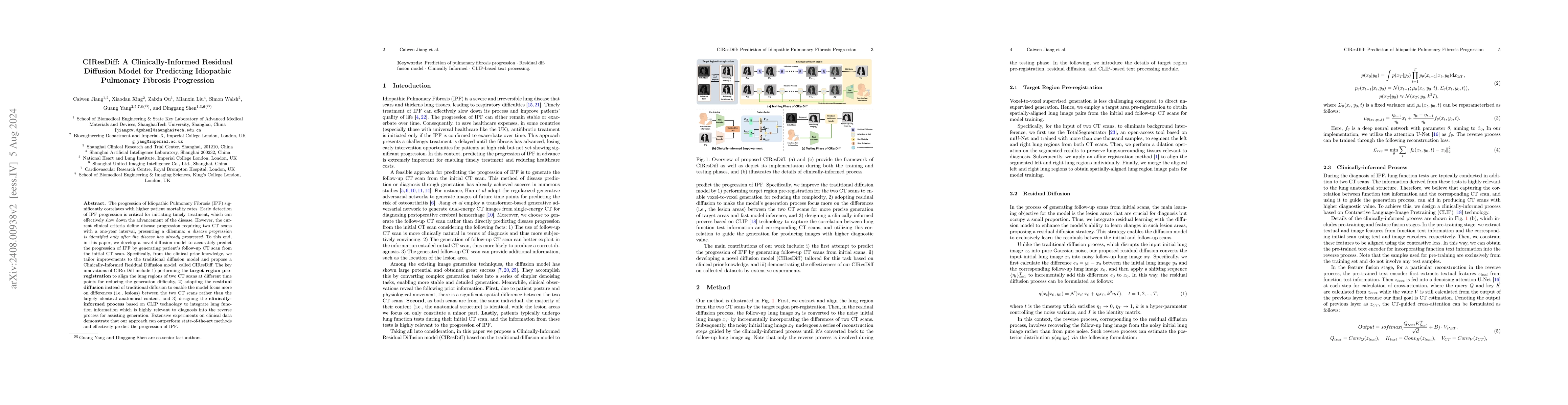 Thumbnail for CIResDiff: A Clinically-Informed Residual Diffusion Model for Predicting
  Idiopathic Pulmonary Fibrosis Progression