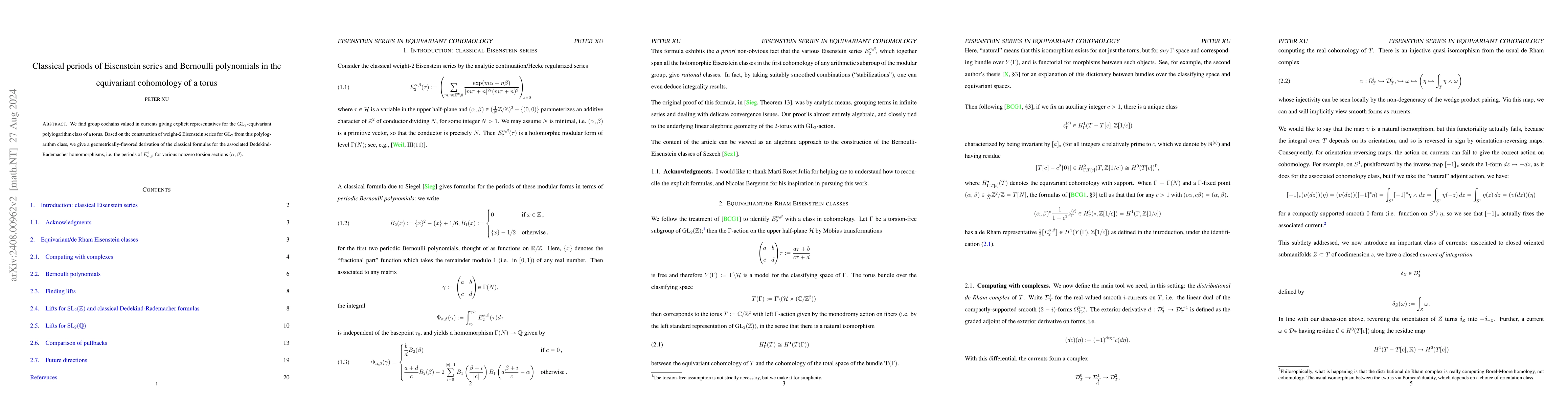 Thumbnail for Classical periods of Eisenstein series and Bernoulli polynomials in the
  equivariant cohomology of a torus