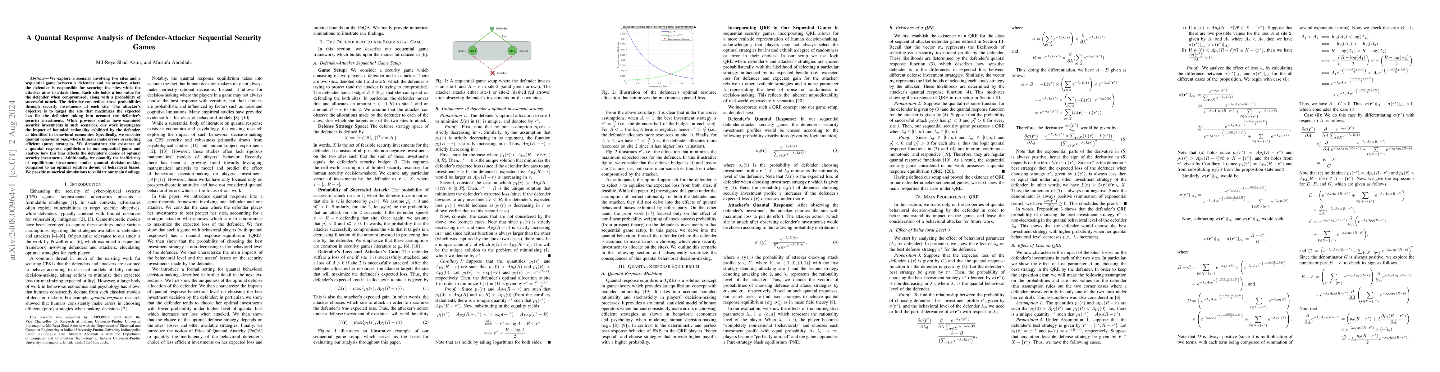 Thumbnail for A Quantal Response Analysis of Defender-Attacker Sequential Security
  Games