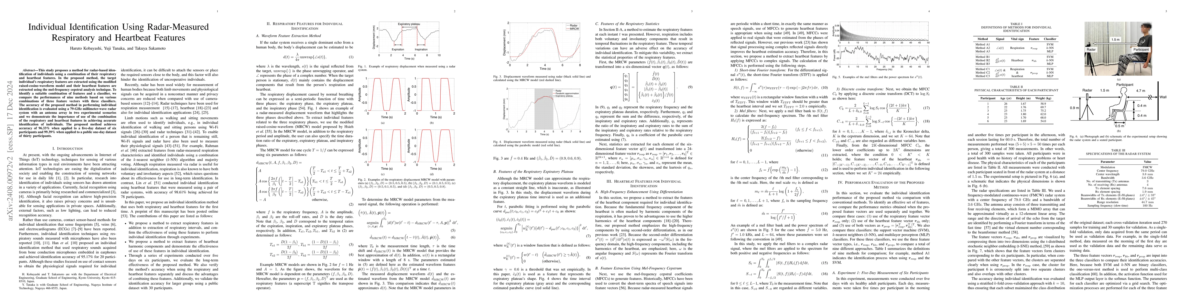Thumbnail for Individual Identification Using Radar-Measured Respiratory and Heartbeat
  Features
