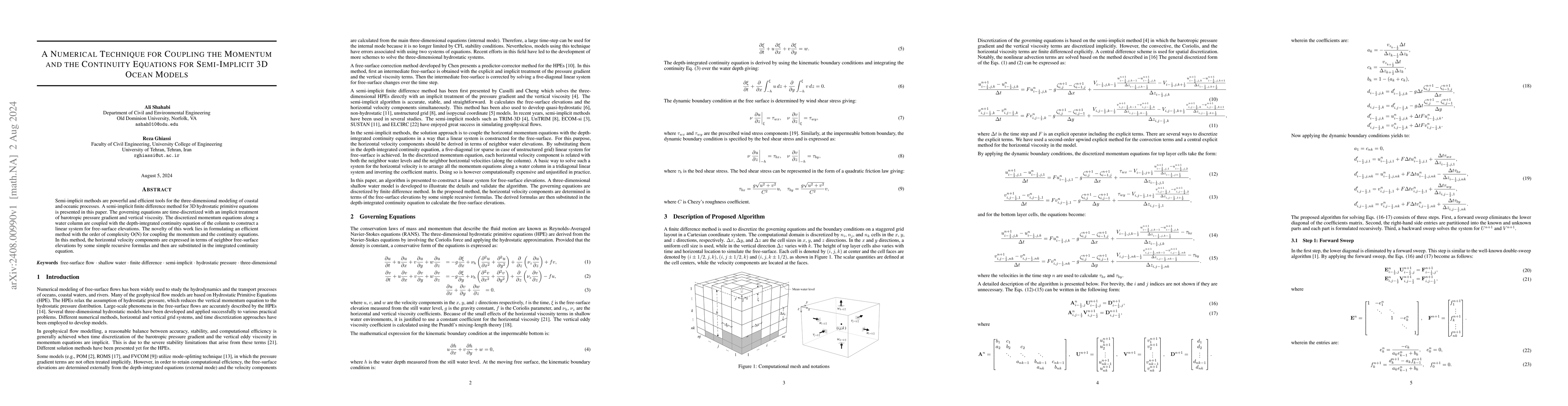 Thumbnail for A Numerical Technique for Coupling the Momentum and the Continuity
  Equations for Semi-Implicit 3D Ocean Models