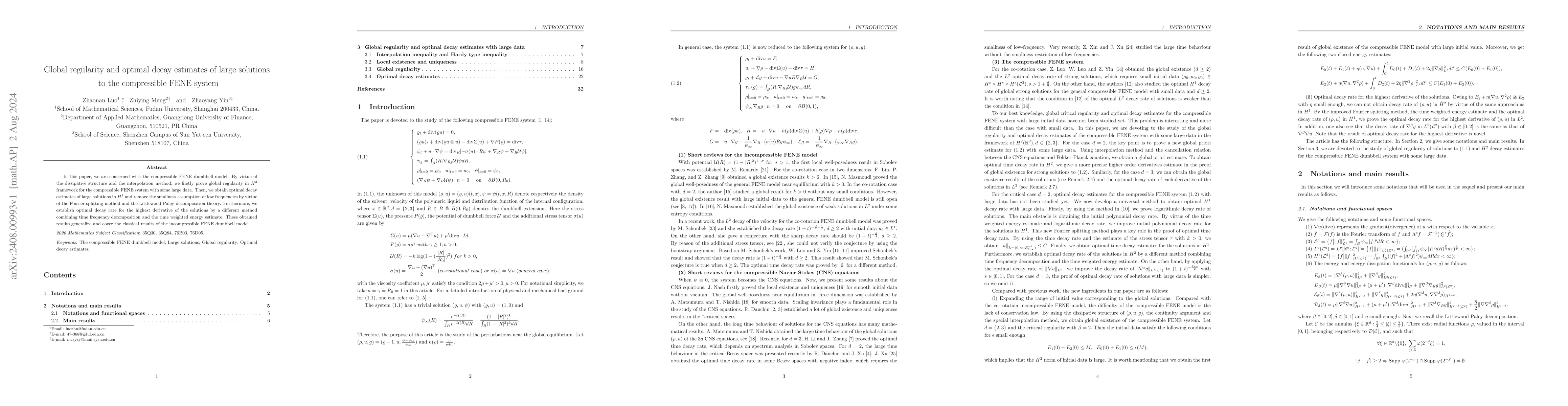 Thumbnail for Global regularity and optimal decay estimates of large solutions to the
  compressible FENE system
