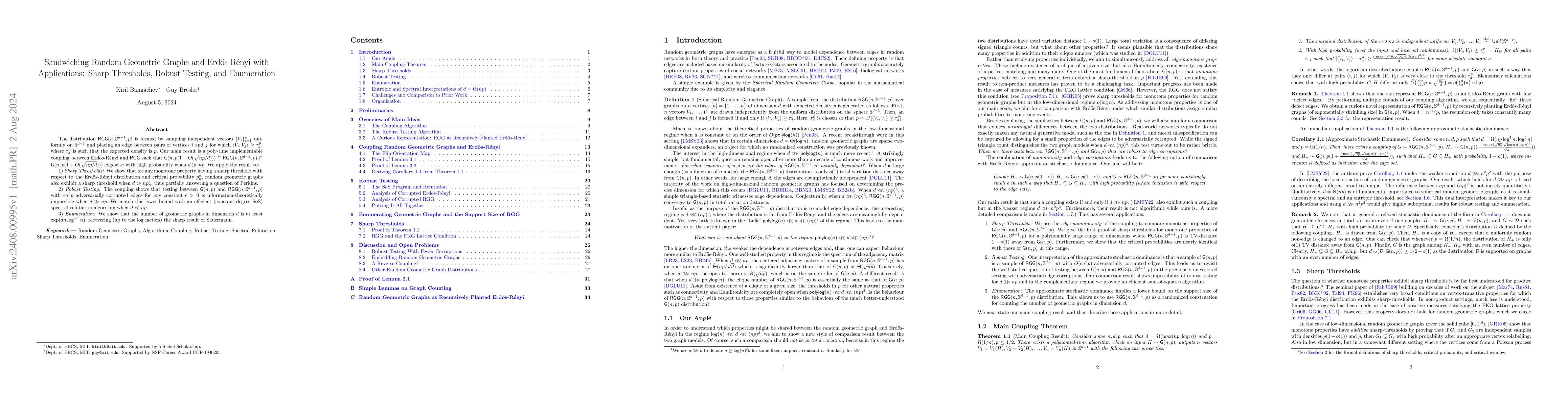 Thumbnail for Sandwiching Random Geometric Graphs and Erdos-Renyi with Applications:
  Sharp Thresholds, Robust Testing, and Enumeration