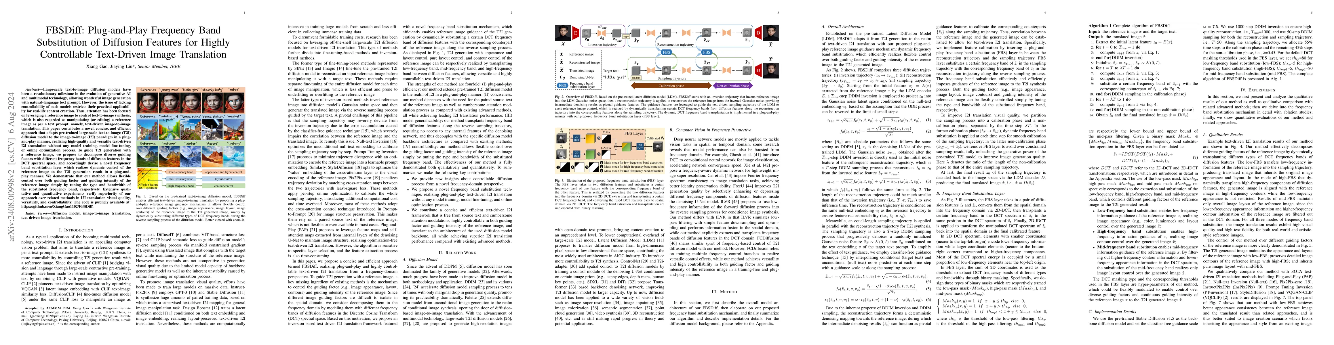 Thumbnail for FBSDiff: Plug-and-Play Frequency Band Substitution of Diffusion Features
  for Highly Controllable Text-Driven Image Translation