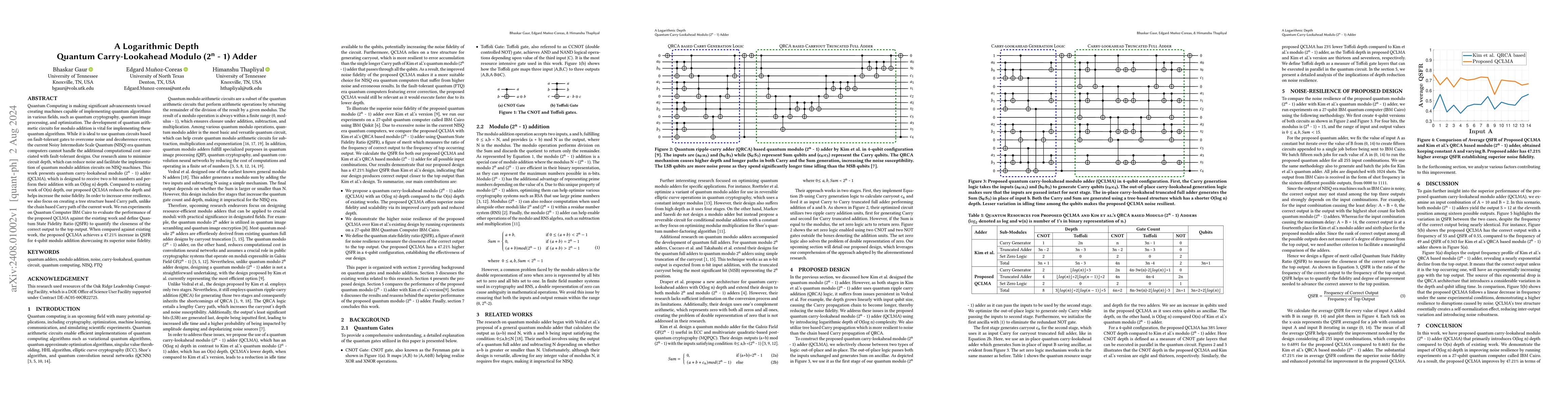 Thumbnail for A Logarithmic Depth Quantum Carry-Lookahead Modulo $(2^n-1)$ Adder