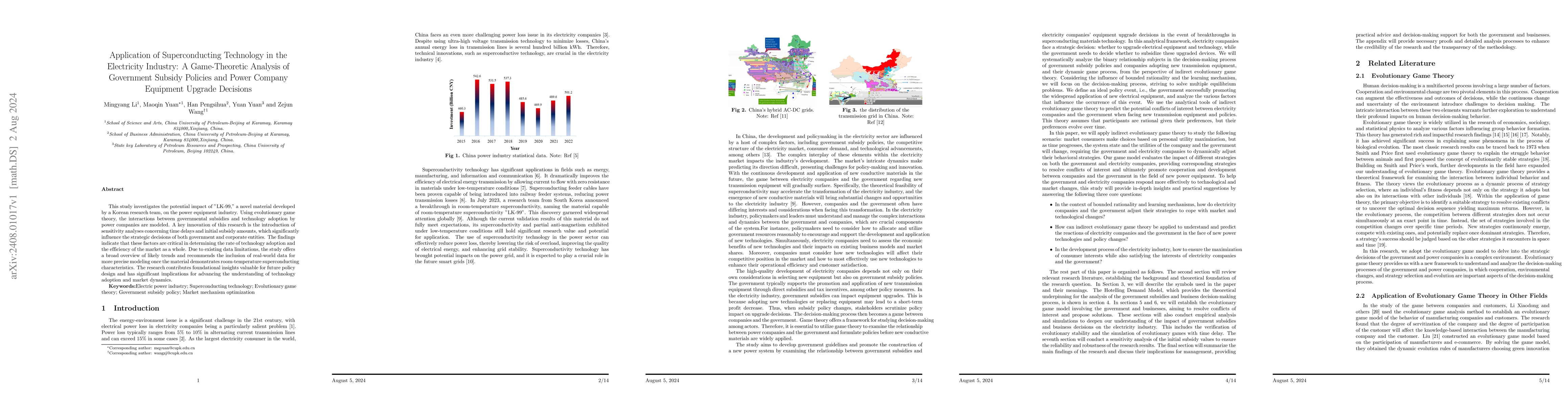Thumbnail for Application of Superconducting Technology in the Electricity Industry: A
  Game-Theoretic Analysis of Government Subsidy Policies and Power Company
  Equipment Upgrade Decisions