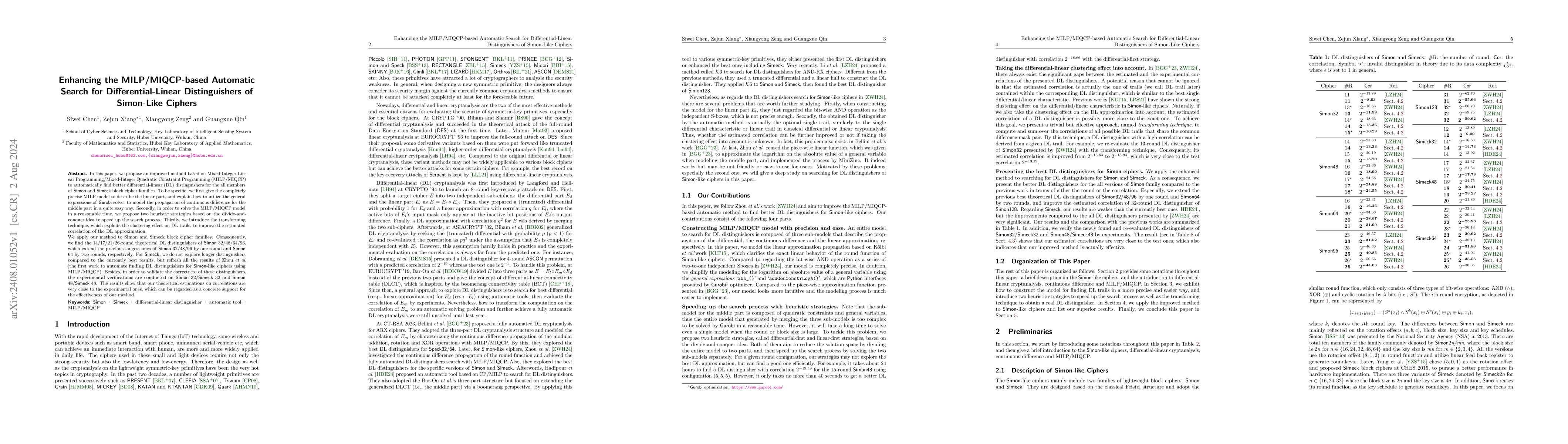 Thumbnail for Enhancing the MILP/MIQCP-based Automatic Search for Differential-Linear
  Distinguishers of Simon-Like Ciphers