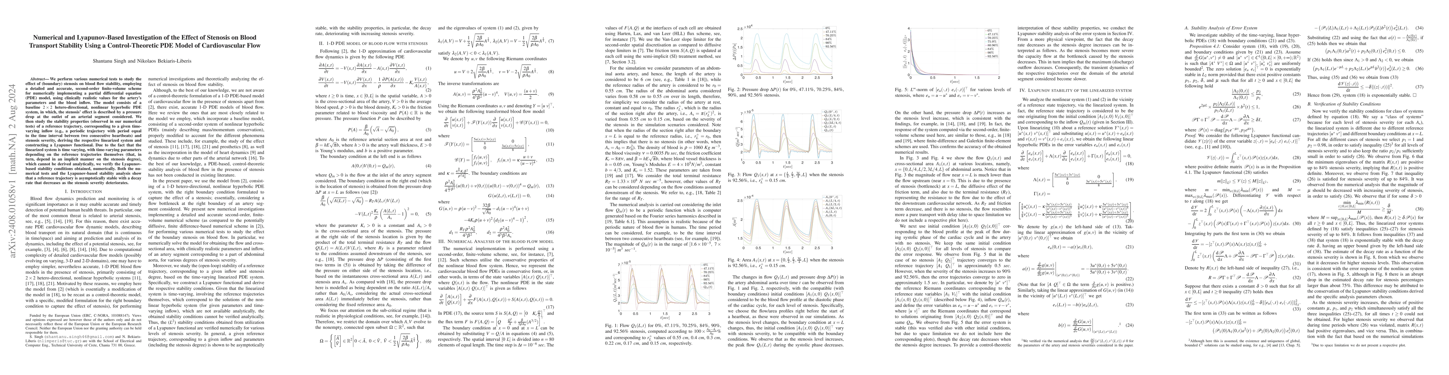 Thumbnail for Numerical and Lyapunov-Based Investigation of the Effect of Stenosis on
  Blood Transport Stability Using a Control-Theoretic PDE Model of
  Cardiovascular Flow