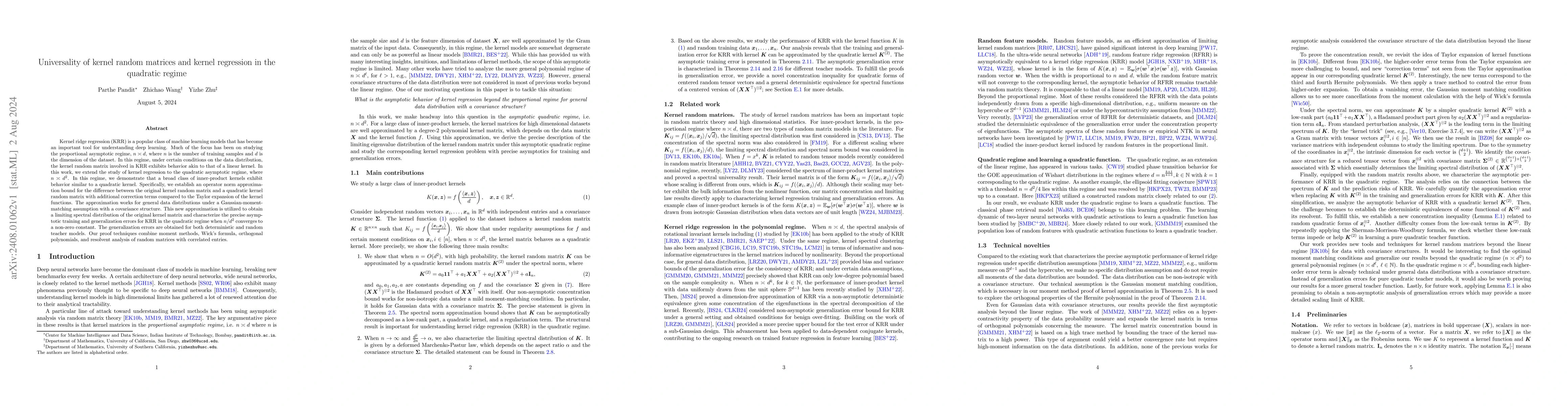 Thumbnail for Universality of kernel random matrices and kernel regression in the
  quadratic regime