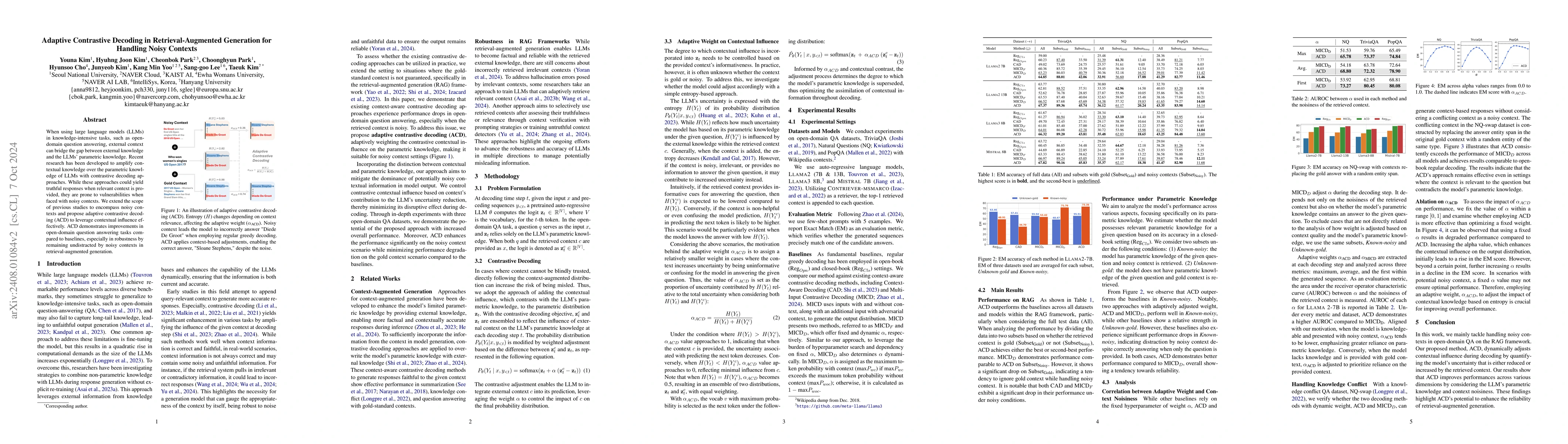 Thumbnail for Adaptive Contrastive Decoding in Retrieval-Augmented Generation for
  Handling Noisy Contexts