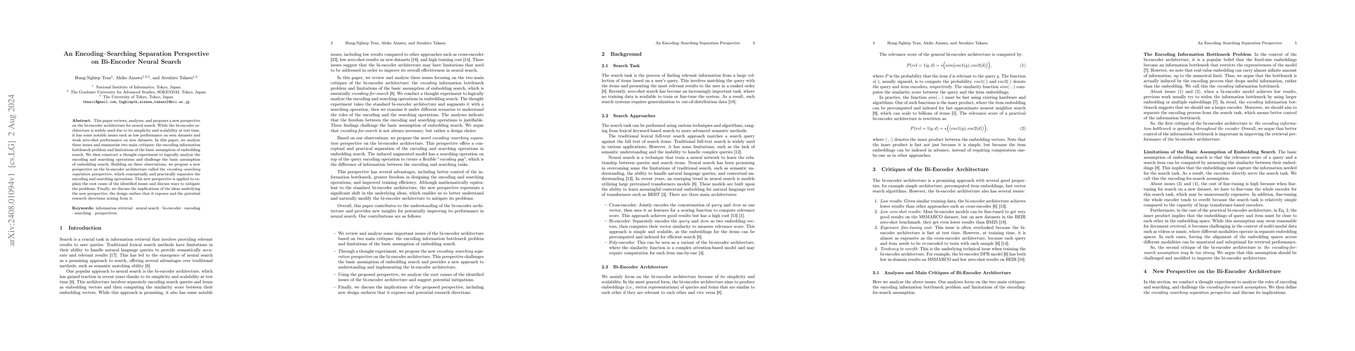 Thumbnail for An Encoding--Searching Separation Perspective on Bi-Encoder Neural
  Search
