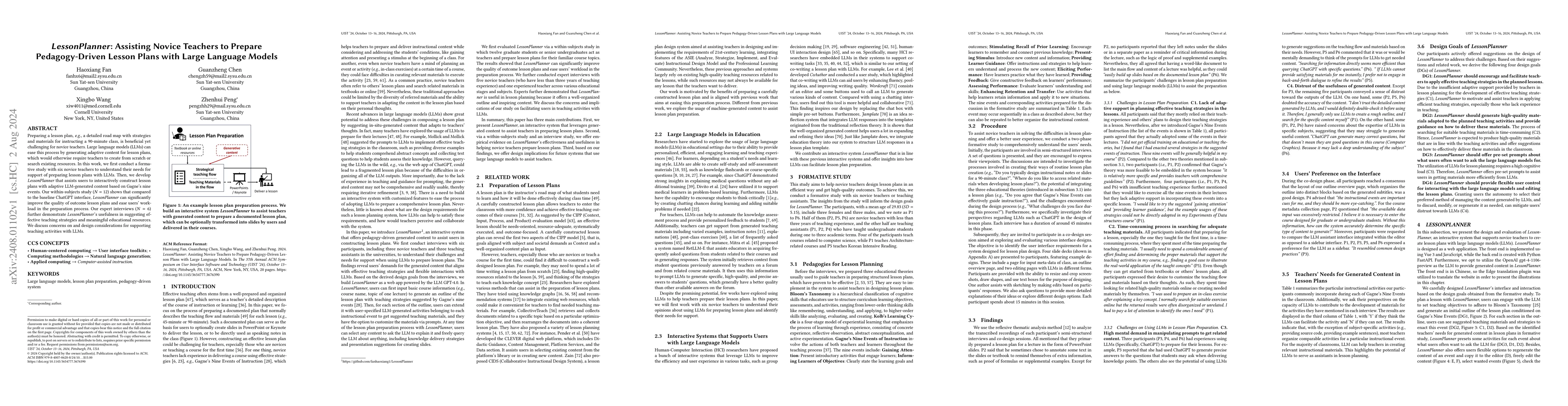 Thumbnail for LessonPlanner: Assisting Novice Teachers to Prepare Pedagogy-Driven
  Lesson Plans with Large Language Models