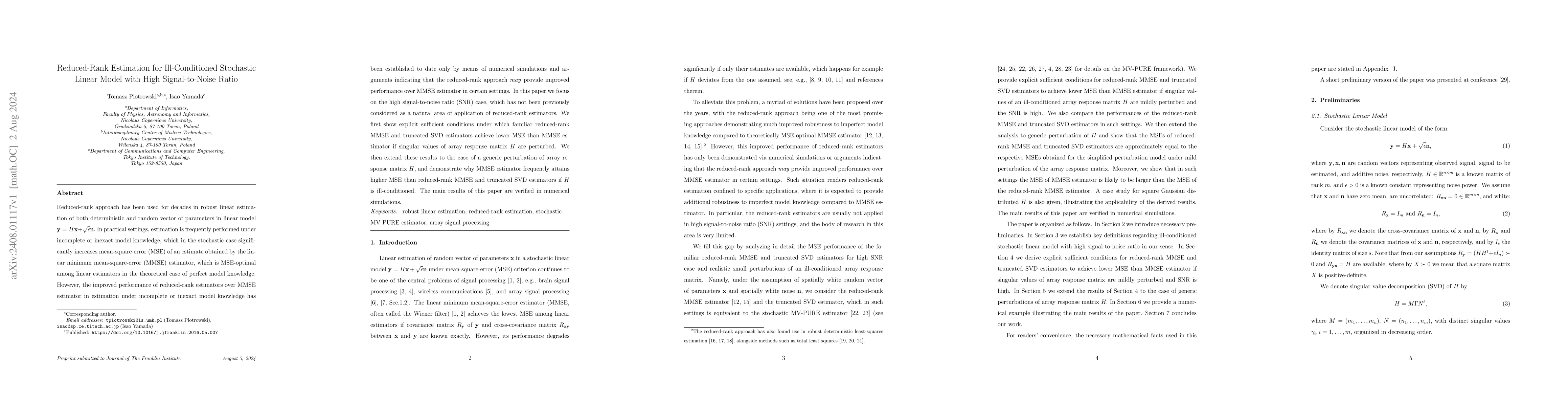 Thumbnail for Reduced-Rank Estimation for Ill-Conditioned Stochastic Linear Model with
  High Signal-to-Noise Ratio