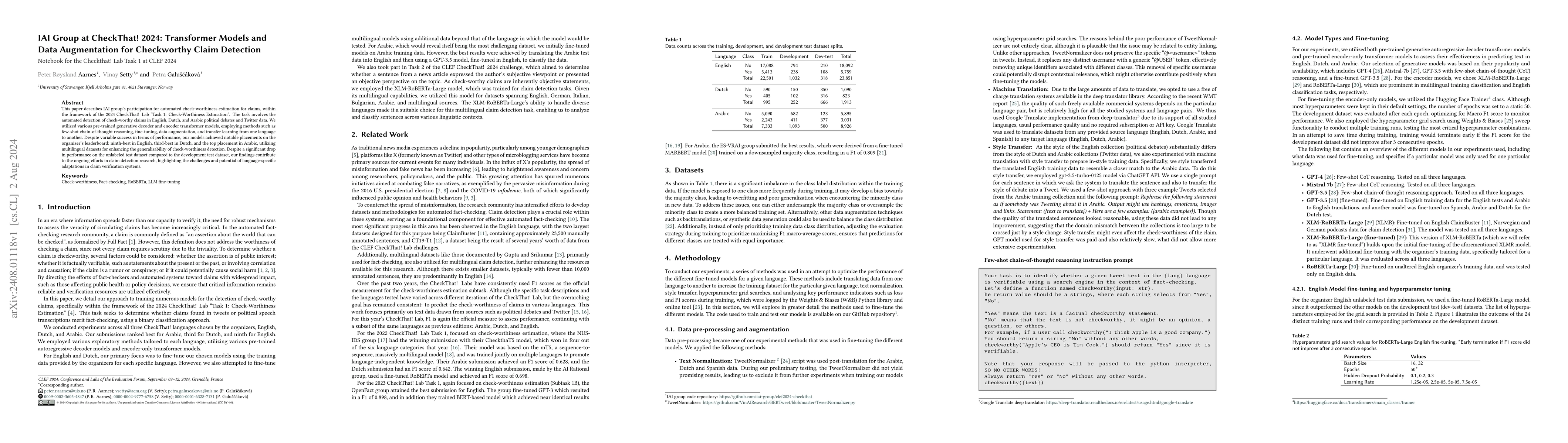 Thumbnail for IAI Group at CheckThat! 2024: Transformer Models and Data Augmentation
  for Checkworthy Claim Detection