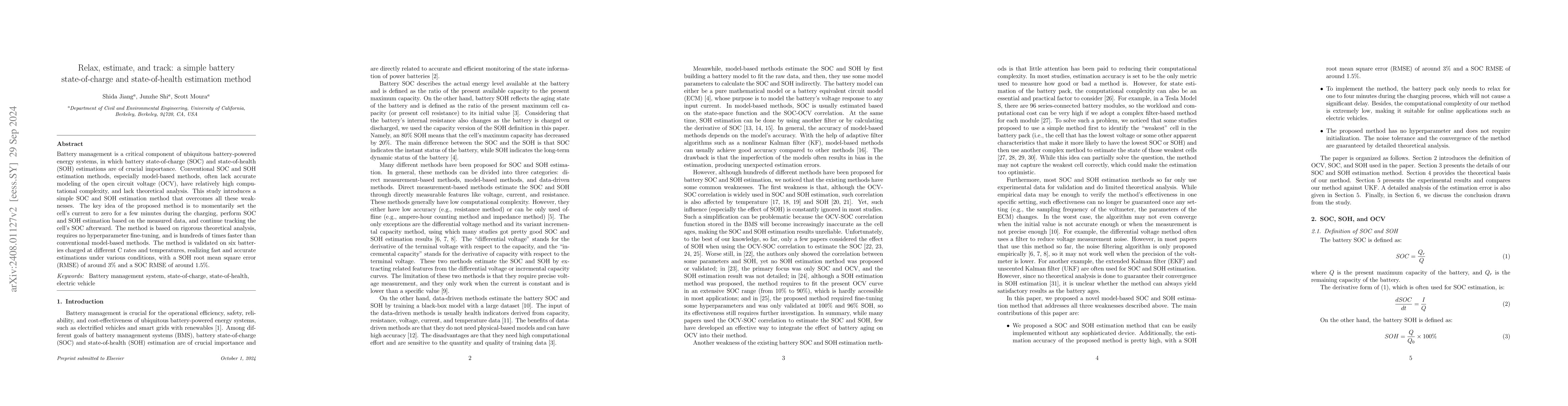 Thumbnail for Relax, Estimate, and Track: a Simple Battery State-of-charge and
  State-of-health Estimation Method