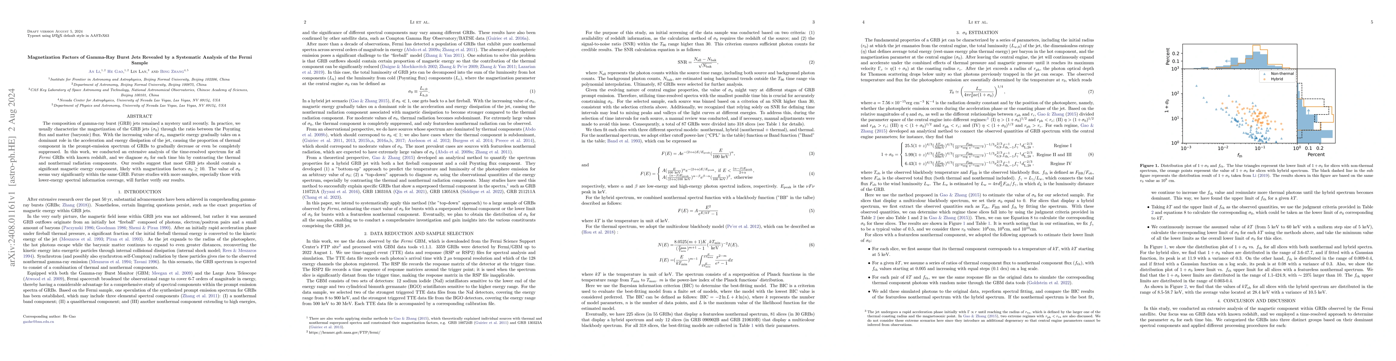 Thumbnail for Magnetization Factors of Gamma-Ray Burst Jets Revealed by a Systematic
  Analysis of the Fermi Sample