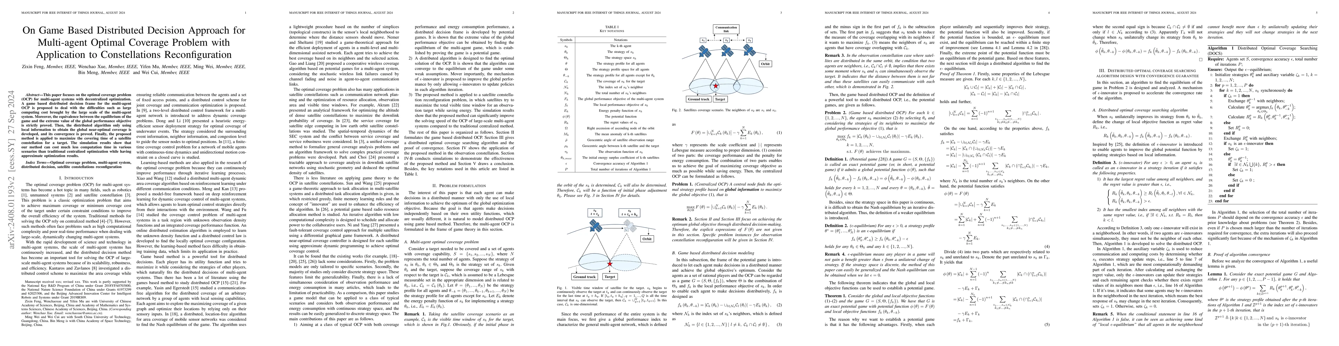 Thumbnail for On Game Based Distributed Decision Approach for Multi-agent Optimal
  Coverage Problem with Application to Constellations Reconfiguration