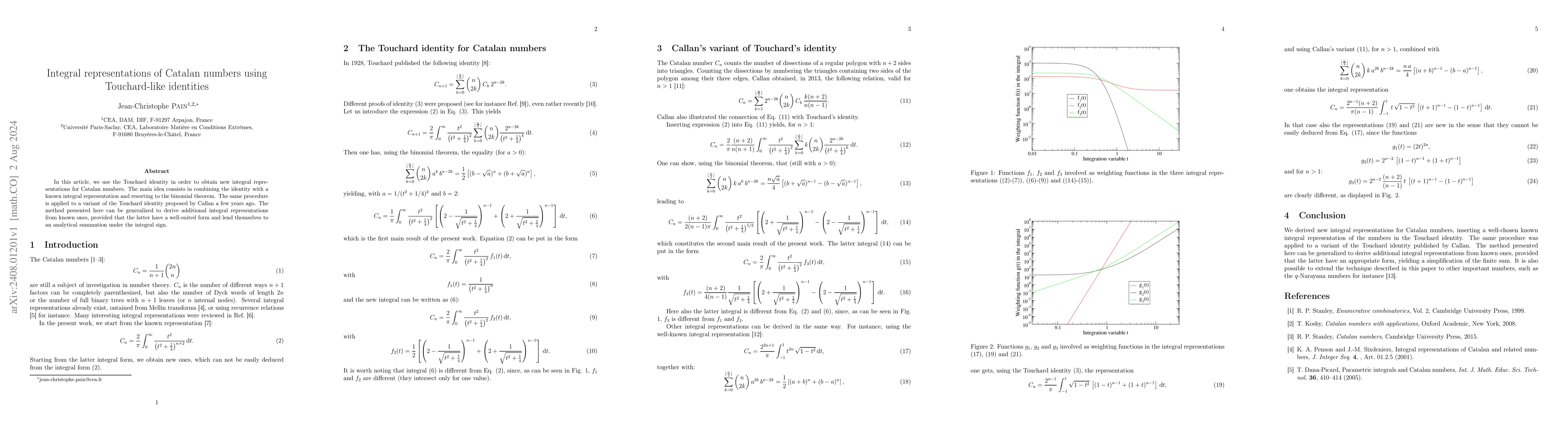 Thumbnail for Integral representations of Catalan numbers using Touchard-like
  identities