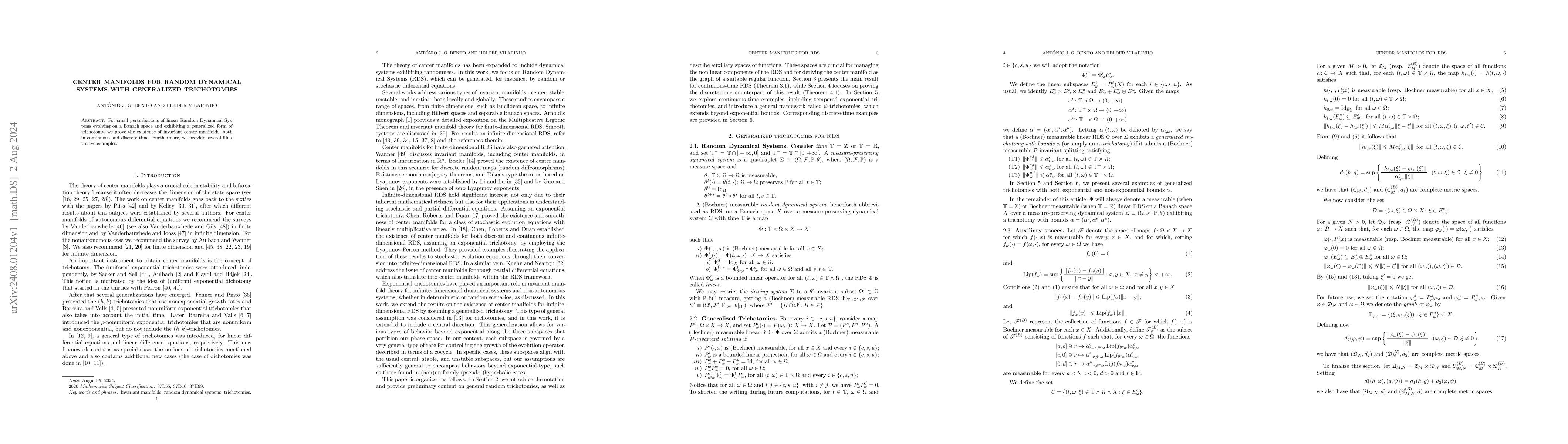 Thumbnail for Center manifolds for Random Dynamical Systems with generalized
  trichotomies