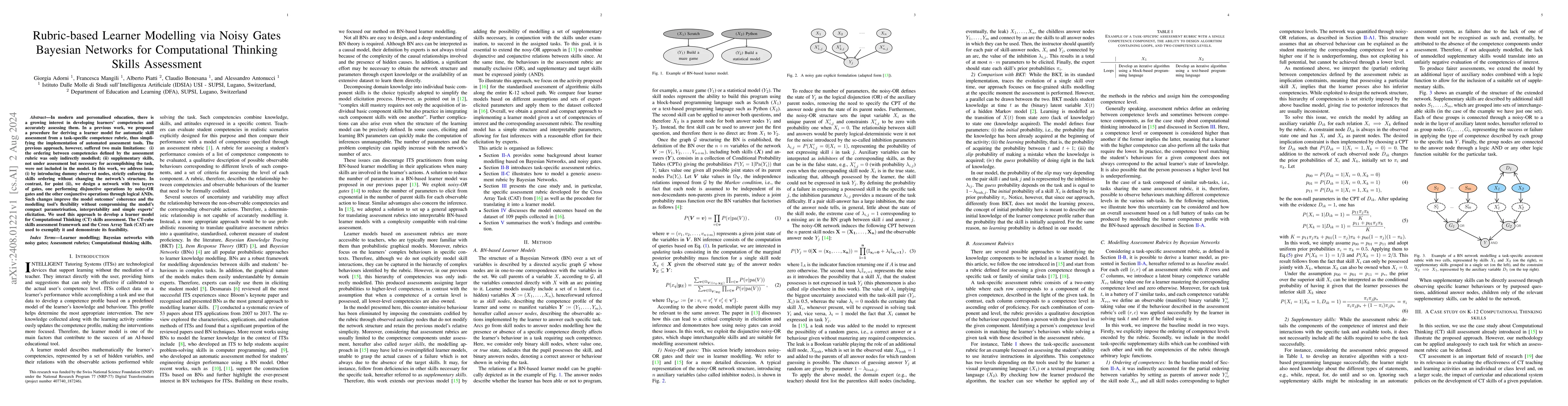 Thumbnail for Rubric-based Learner Modelling via Noisy Gates Bayesian Networks for
  Computational Thinking Skills Assessment