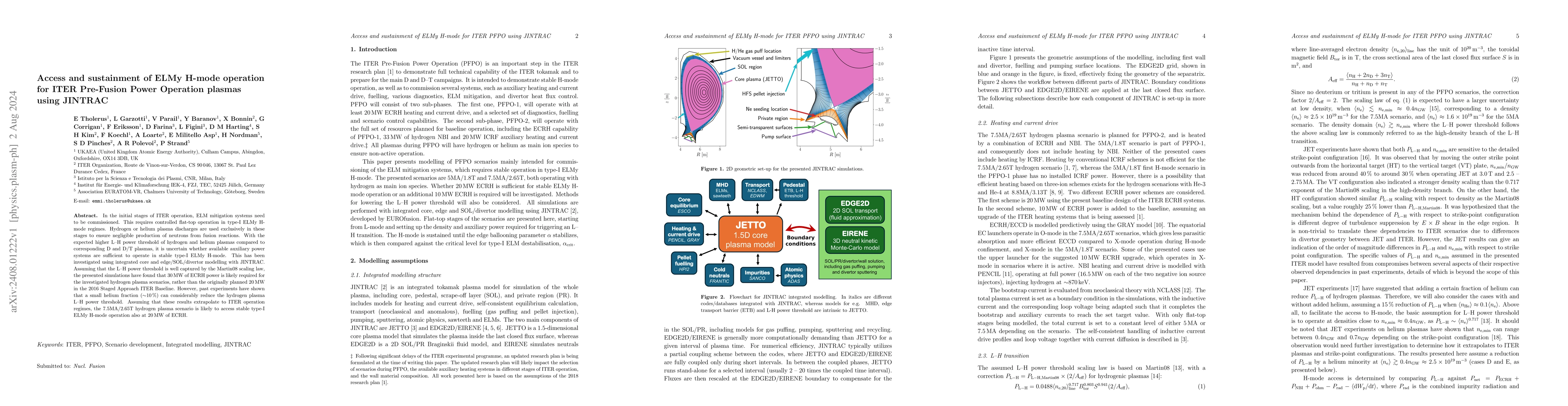 Thumbnail for Access and sustainment of ELMy H-mode operation for ITER Pre-Fusion
  Power Operation plasmas using JINTRAC
