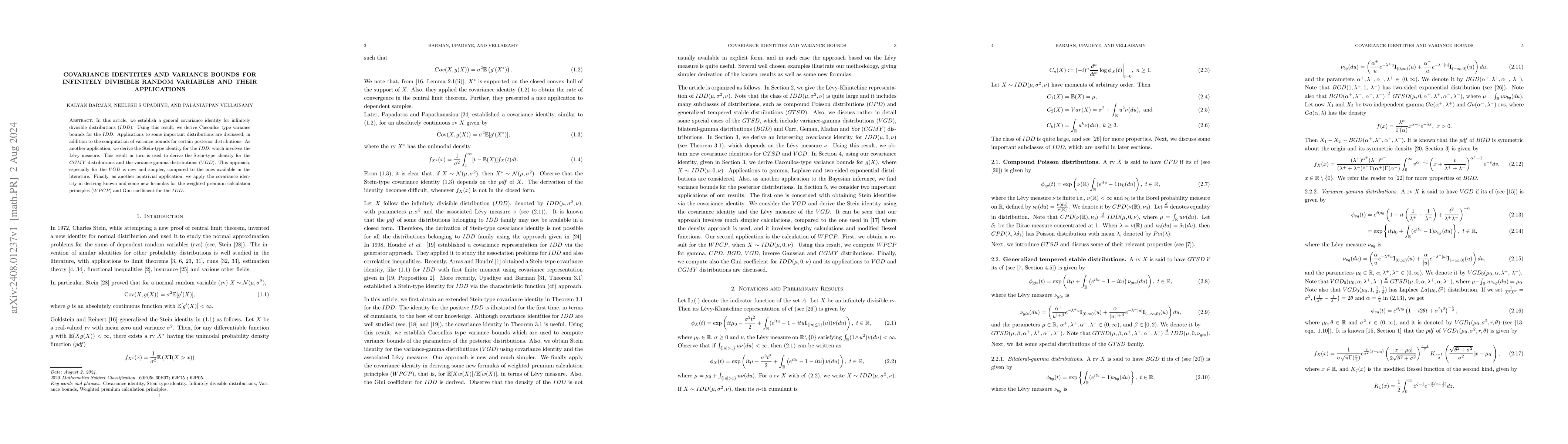 Thumbnail for Covariance Identities and Variance Bounds for Infinitely Divisible
  Random Variables and Their Applications