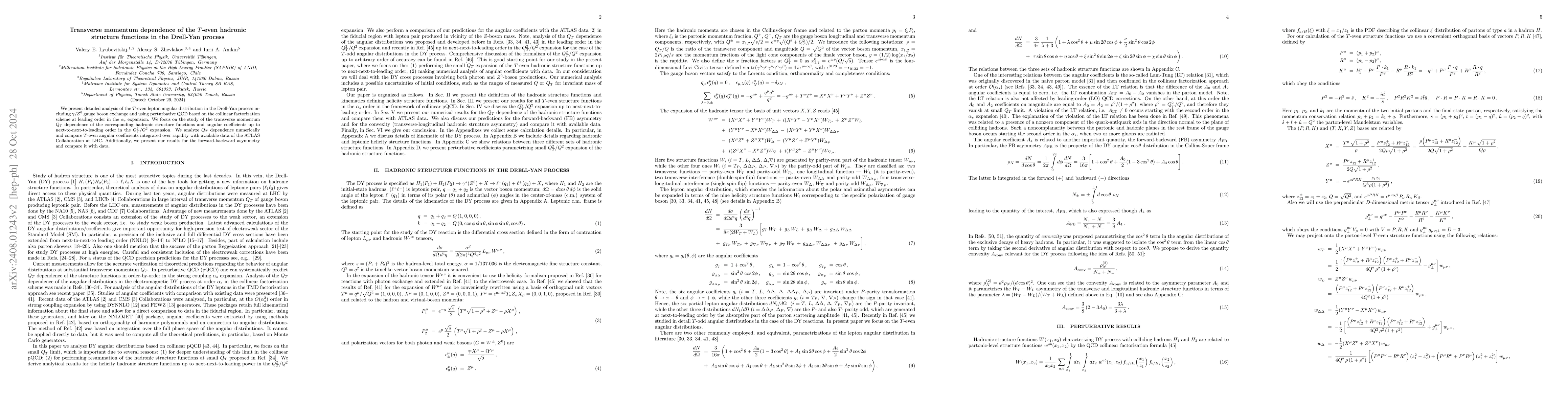Thumbnail for Transverse momentum dependence of the $T$-even hadronic structure
  functions in the Drell-Yan process