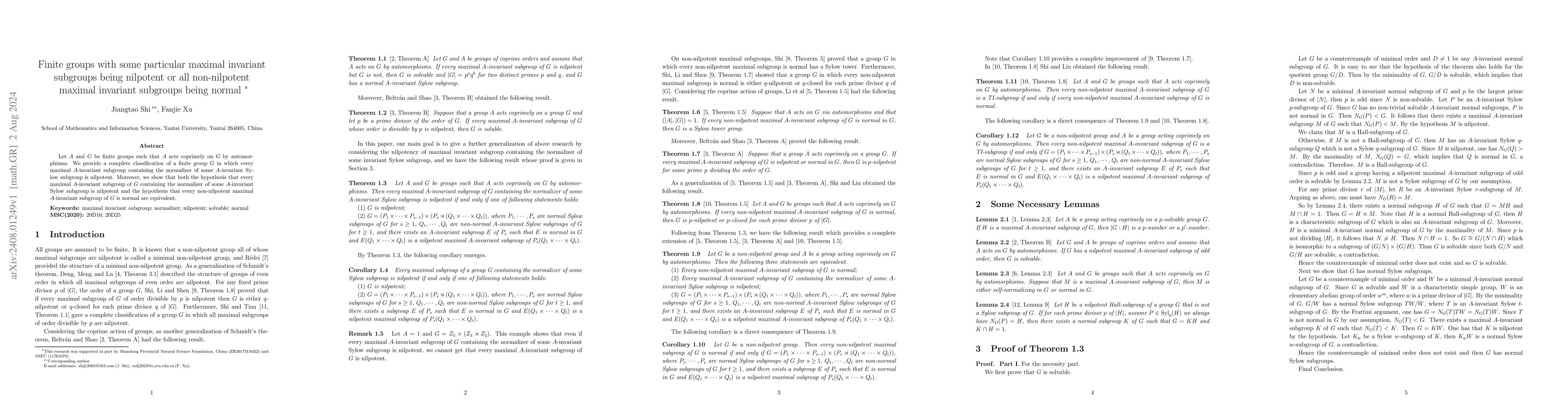 Thumbnail for Finite groups with some particular maximal invariant subgroups being
  nilpotent or all non-nilpotent maximal invariant subgroups being normal