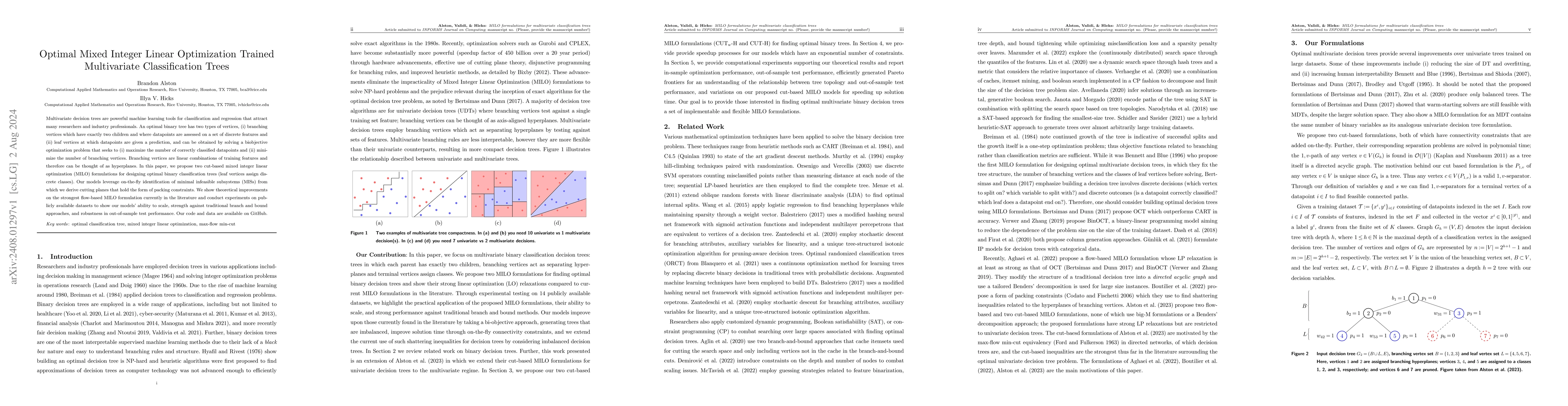 Thumbnail for Optimal Mixed Integer Linear Optimization Trained Multivariate
  Classification Trees