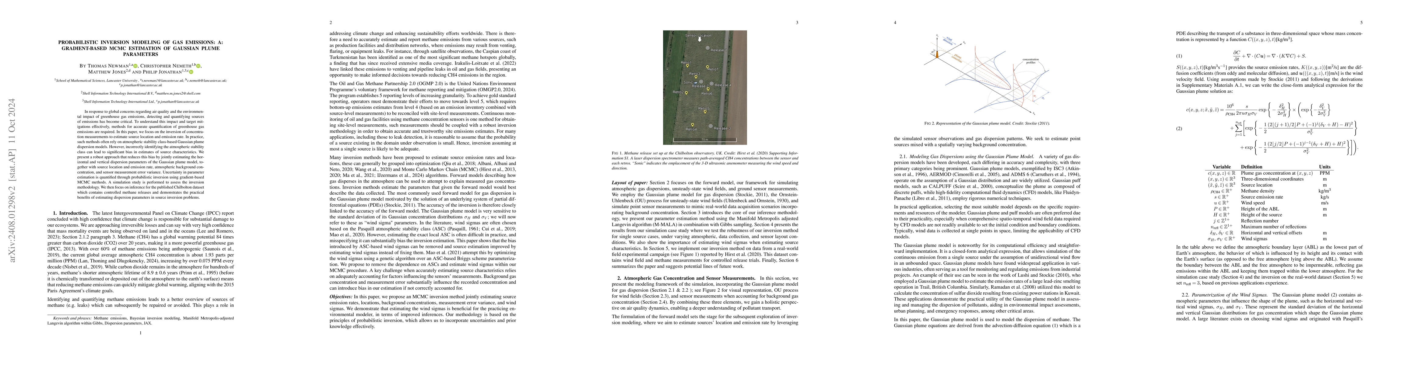 Thumbnail for Probabilistic Inversion Modeling of Gas Emissions: A Gradient-Based MCMC
  Estimation of Gaussian Plume Parameters