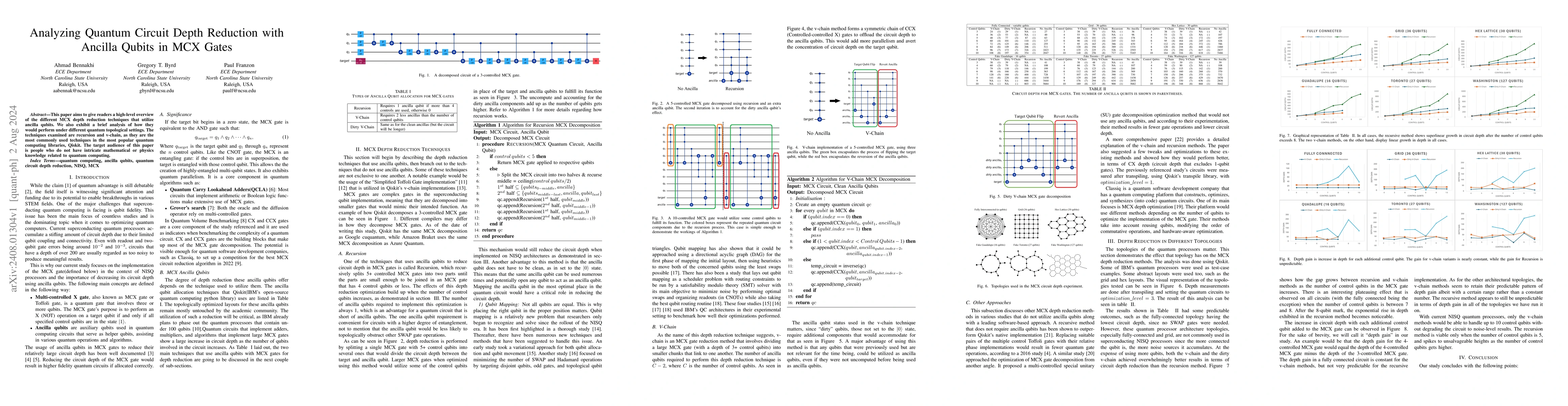 Thumbnail for Analyzing Quantum Circuit Depth Reduction with Ancilla Qubits in MCX
  Gates