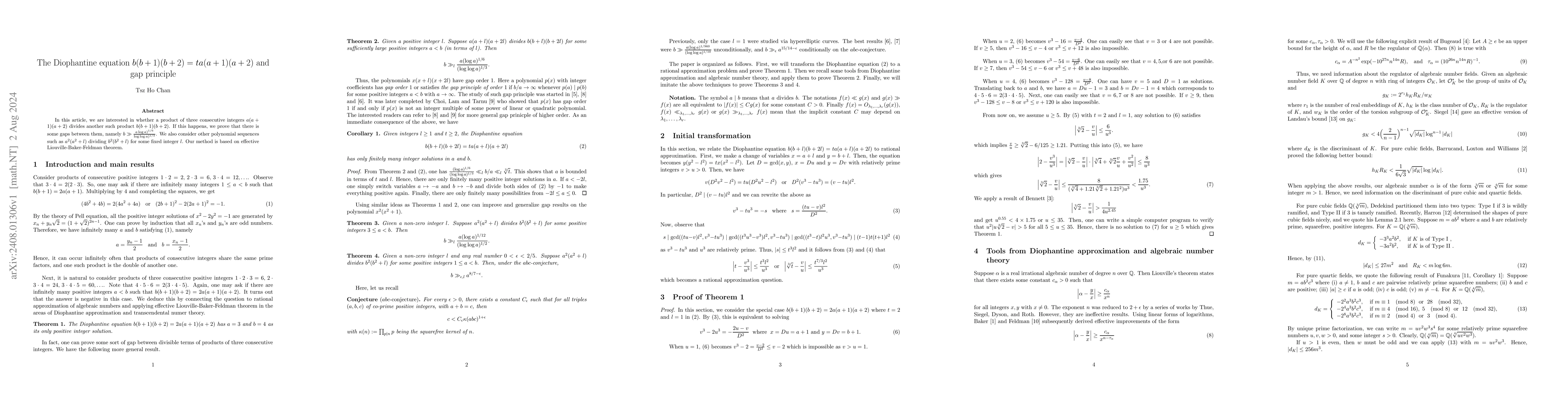 Thumbnail for The Diophantine equation $b (b+1) (b+2) = t a (a + 1) (a + 2)$ and gap
  principle