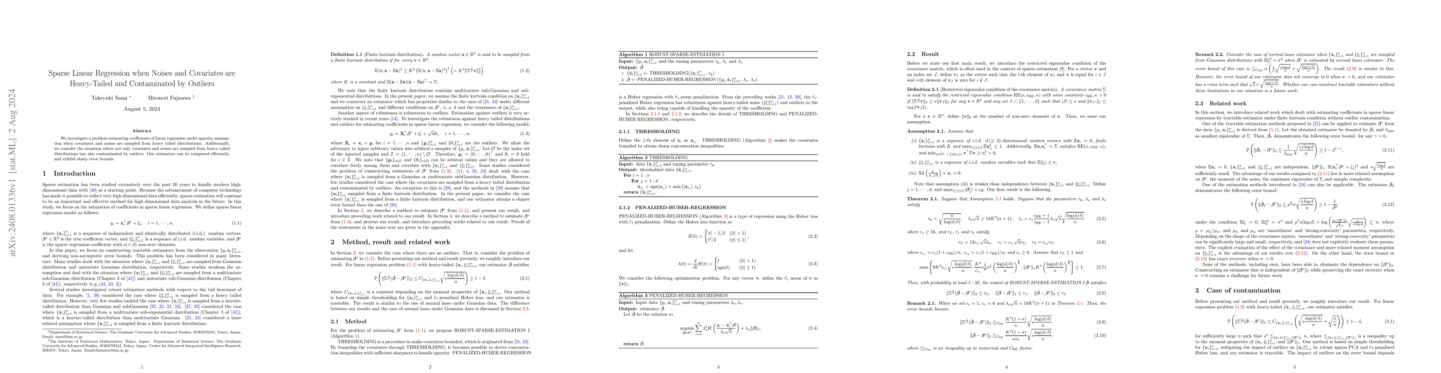 Thumbnail for Sparse Linear Regression when Noises and Covariates are Heavy-Tailed and
  Contaminated by Outliers