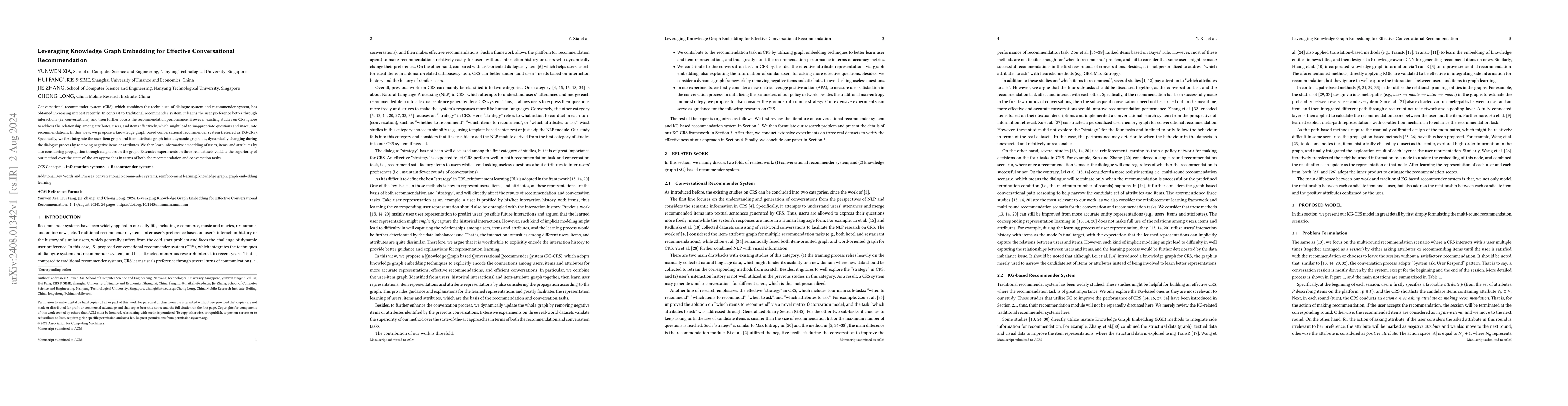 Thumbnail for Leveraging Knowledge Graph Embedding for Effective Conversational
  Recommendation