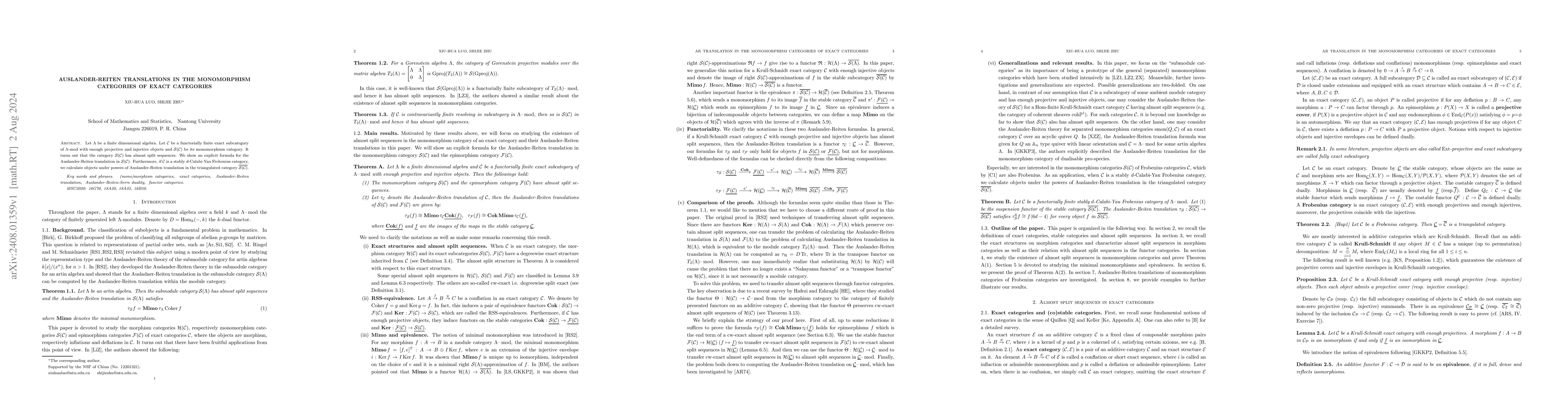 Thumbnail for Auslander-Reiten translations in the monomorphism categories of exact
  categories