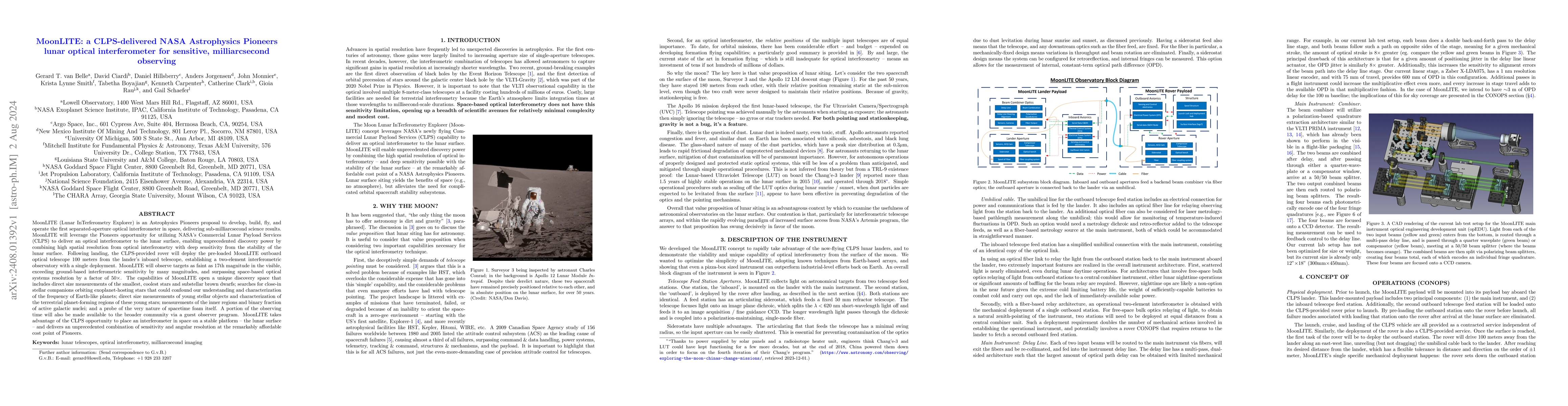 Thumbnail for MoonLITE: a CLPS-delivered NASA Astrophysics Pioneers lunar optical
  interferometer for sensitive, milliarcsecond observing