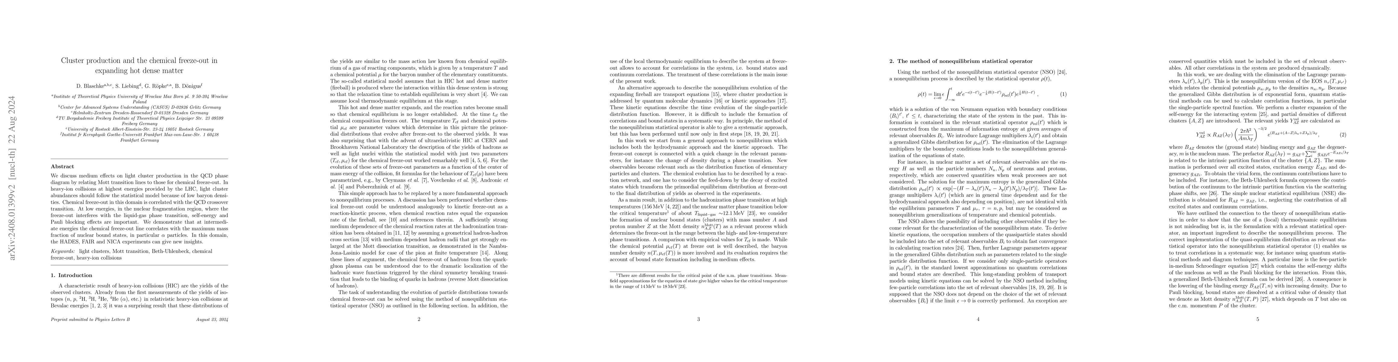 Thumbnail for Cluster production and the chemical freeze-out in expanding hot dense
  matter