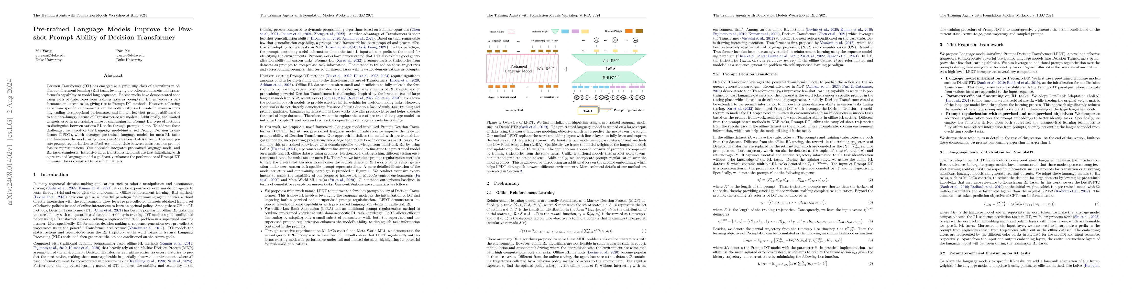 Thumbnail for Pre-trained Language Models Improve the Few-shot Prompt Ability of
  Decision Transformer