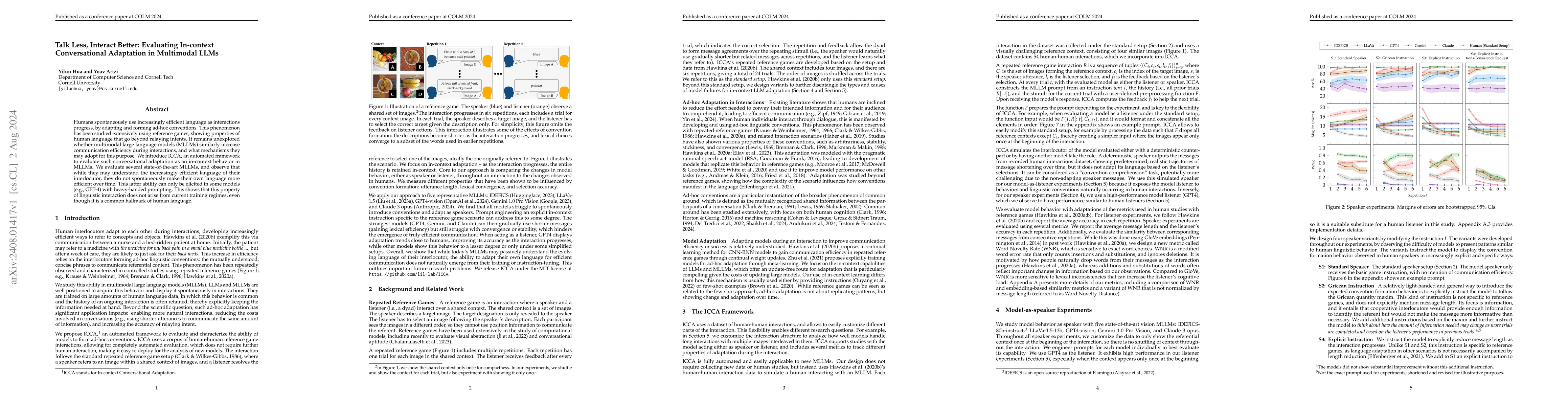 Thumbnail for Talk Less, Interact Better: Evaluating In-context Conversational
  Adaptation in Multimodal LLMs