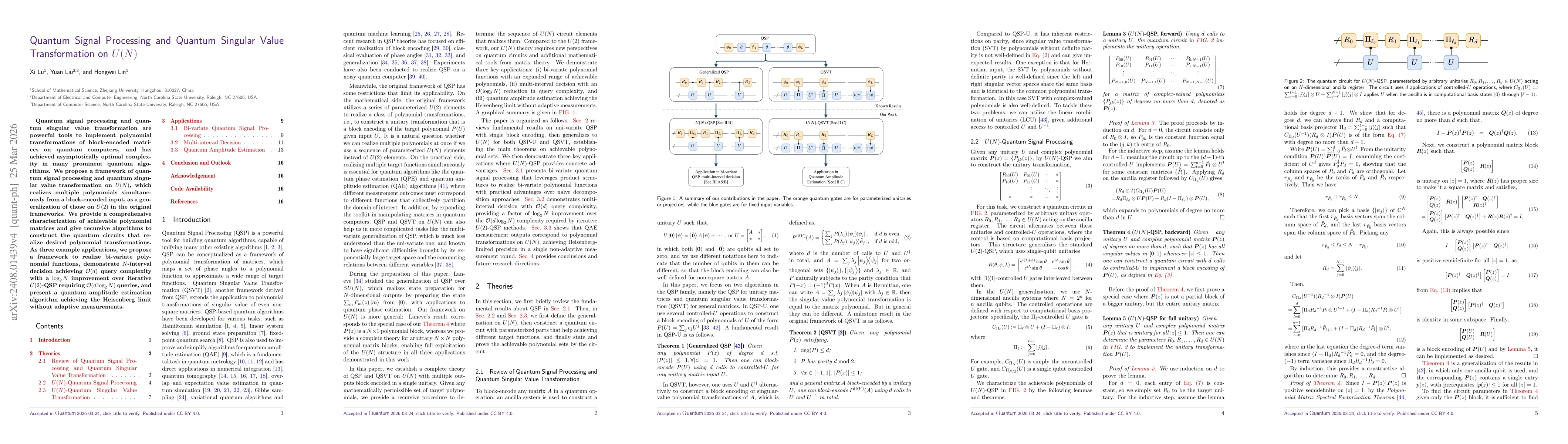 Thumbnail for Quantum Signal Processing and Quantum Singular Value Transformation on $U(N)$