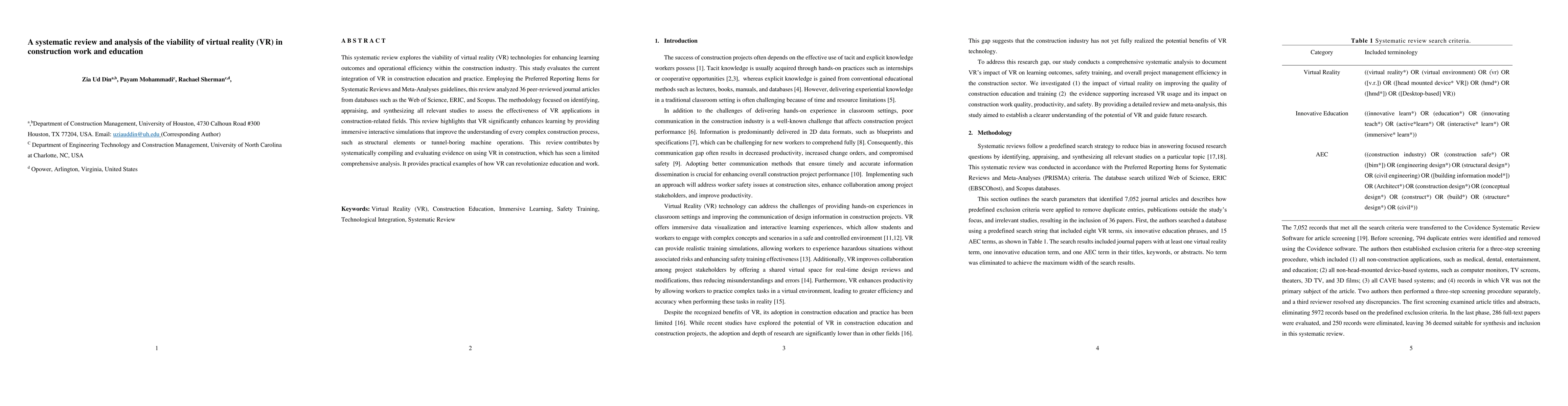 Thumbnail for A systematic review and analysis of the viability of virtual reality
  (VR) in construction work and education