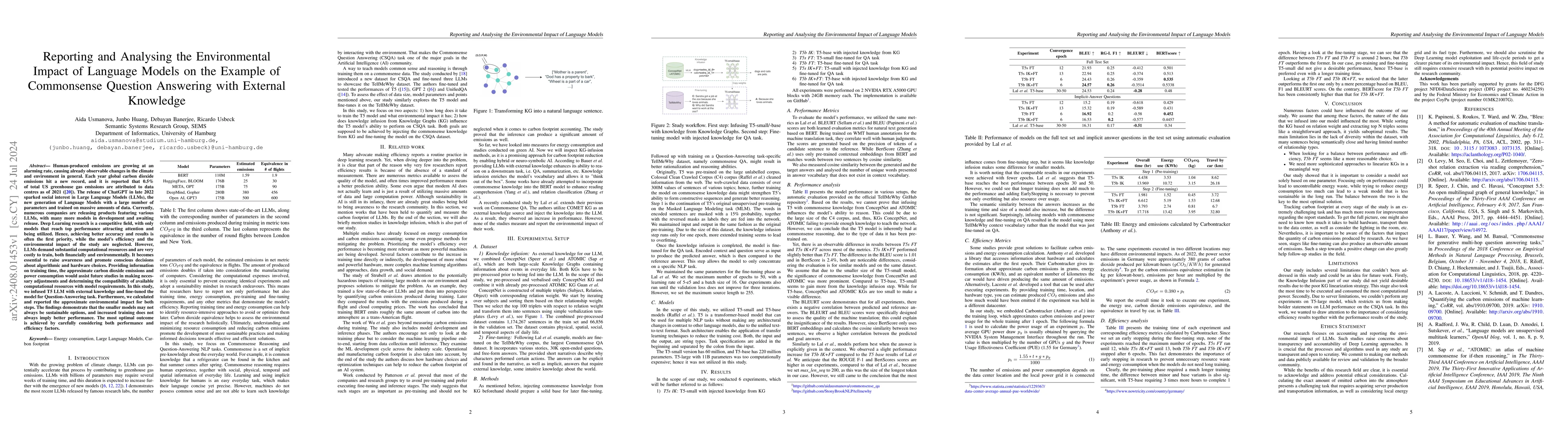 Thumbnail for Reporting and Analysing the Environmental Impact of Language Models on
  the Example of Commonsense Question Answering with External Knowledge