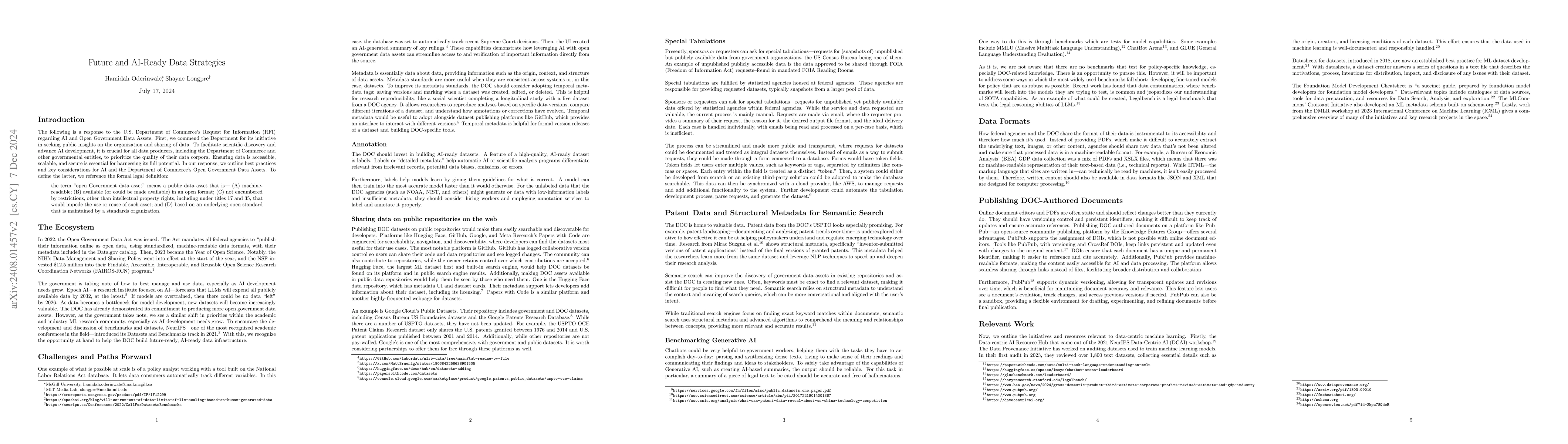 Thumbnail for Future and AI-Ready Data Strategies: Response to DOC RFI on AI and Open
  Government Data Assets