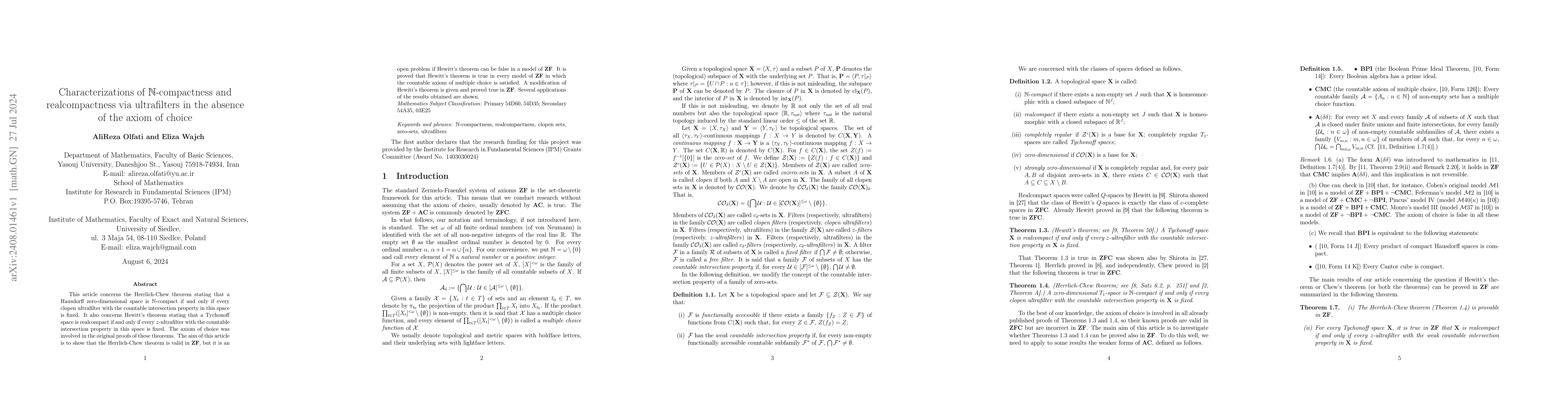 Thumbnail for Characterizations of $\mathbb{N}$-compactness and realcompactness via
  ultrafilters in the absence of the axiom of choice